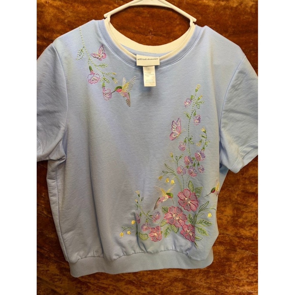 Alfred Dunner Womens Blue Embroidered Hummingbird Floral Shortsleevesweatshirt L - Picture 1 of 4